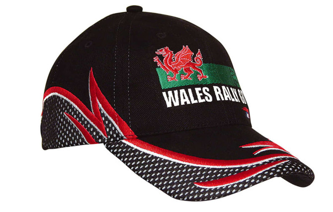 A black cap featuring a red dragon emblem and a green and red design, with mesh-covered reflective trim.