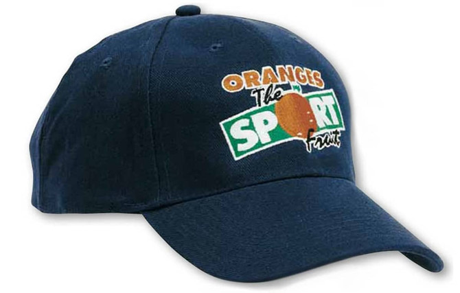 A navy blue cap with an embroidered logo featuring orange and green text. It has a curved brim and adjustable strap.