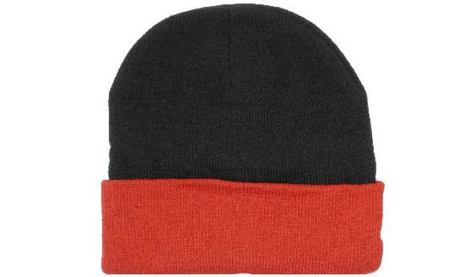 Acrylic beanie in black with a red folded brim, featuring a logo on the side.