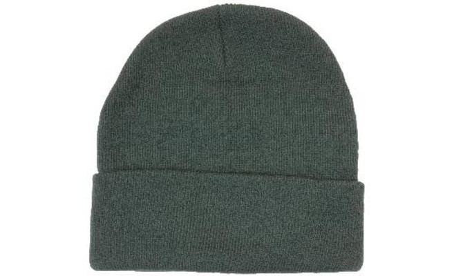 Acrylic beanie in a dark green colour with a folded cuff and textured finish. Features a small logo.