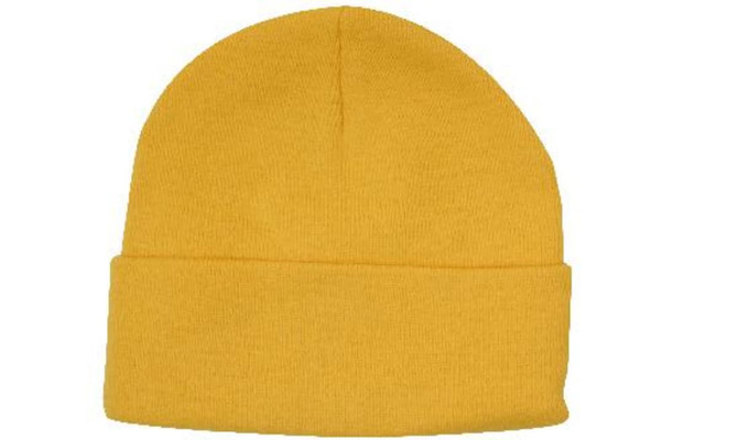Acrylic beanie in vibrant yellow, featuring a folded cuff and a smooth finish, with a branding logo.