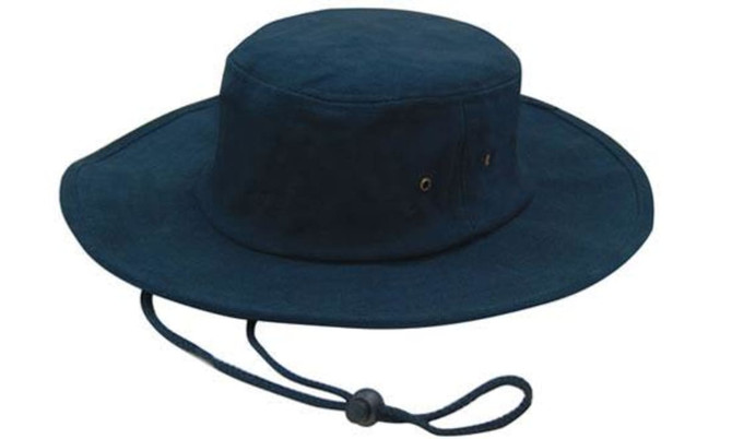 A brushed heavy cotton hat in navy blue with a wide brim and an adjustable chin strap. It has a logo.