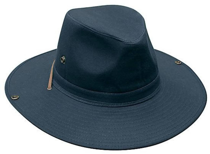 A navy cotton twill hat with a wide brim and a logo, featuring metal eyelets and a leather band.