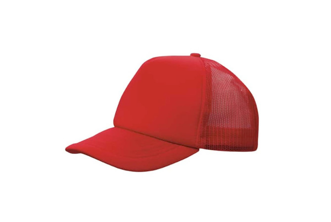 A red trucker mesh cap with a solid front and mesh back. Features a curved peak and a logo.