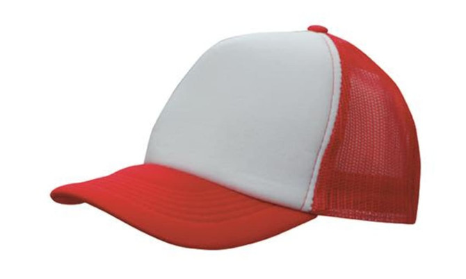 A red and white trucker mesh cap with a solid front panel and mesh back. It features a logo on the front.