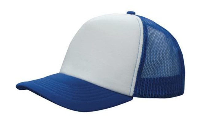 A blue and white trucker mesh cap with a solid front panel and mesh back for ventilation.