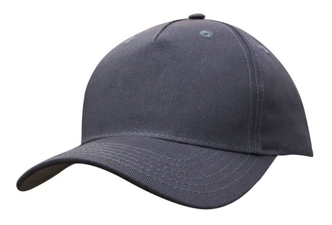 A grey cotton twill cap featuring a structured design and a curved brim, with a logo on the front.