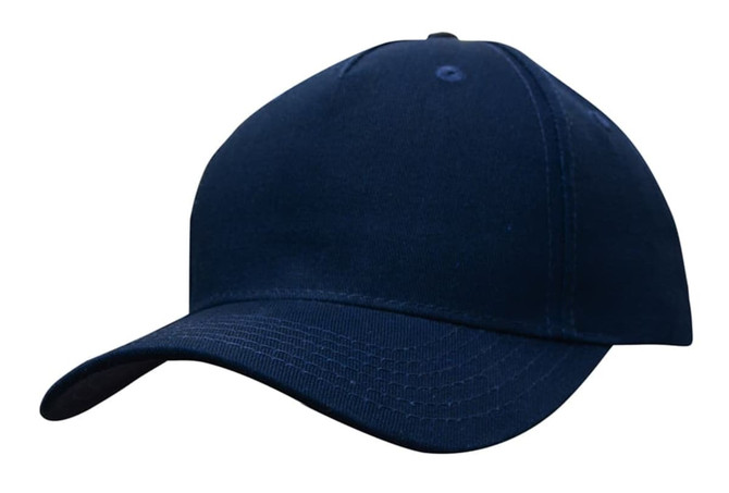 A navy cotton twill cap with a curved brim and a logo on the front.