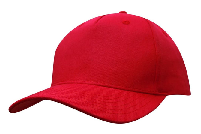 A red cotton twill cap featuring a curved brim and a fitted design, with a logo on the front.