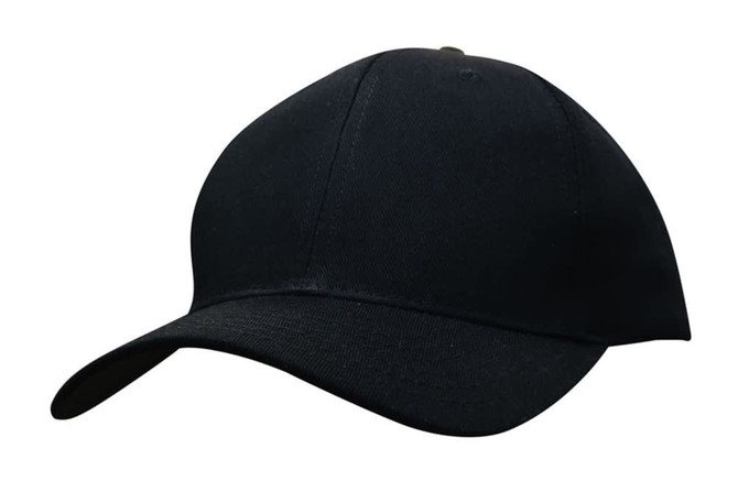 A black cotton twill cap with a curved brim and a logo on the side.