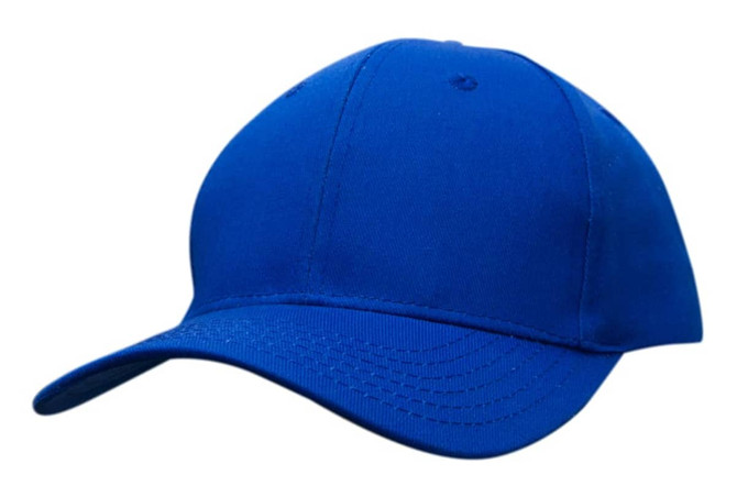 A blue cotton twill cap with a curved brim and a blank front panel. It features a logo on the side.