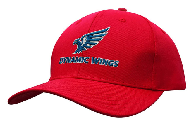 A red cotton twill cap with a curved brim and a buckle, featuring a logo on the front.