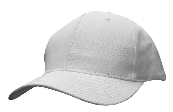 A white cotton twill cap with a buckle on the back and a curved brim, featuring a logo.