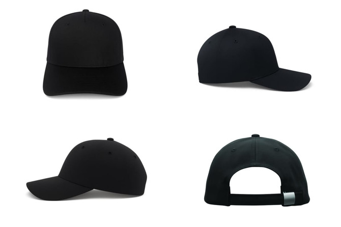 A black cotton twill cap with a buckle, displayed from multiple angles, including front, back, and sides.