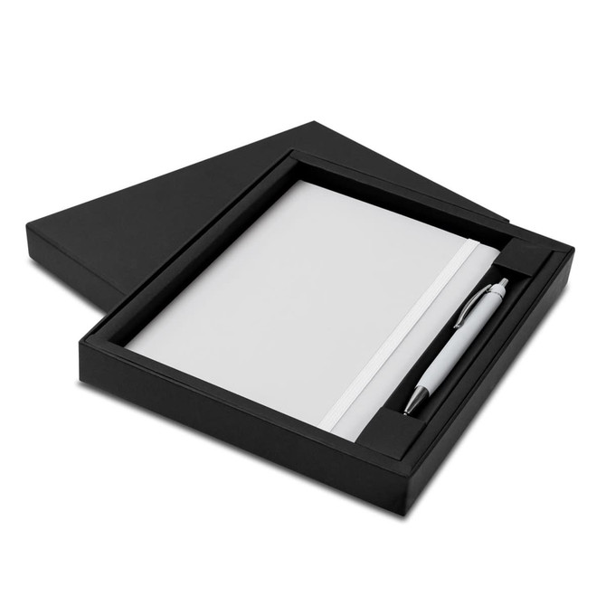 A black gift box containing a white notebook and a silver pen. The set is elegantly presented for gifting.