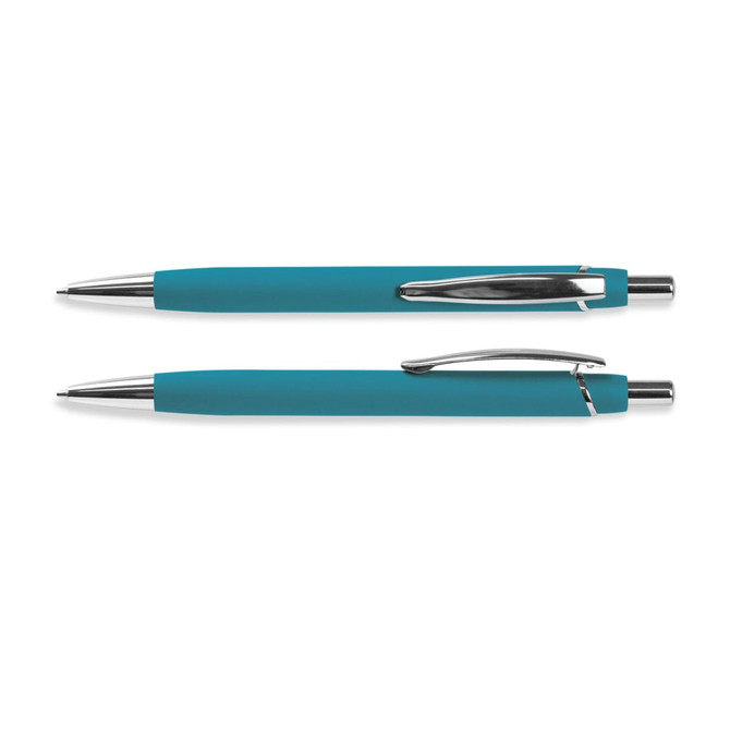 A soft-touch pen in teal with chrome accents, featuring a sleek design and a metallic clip.