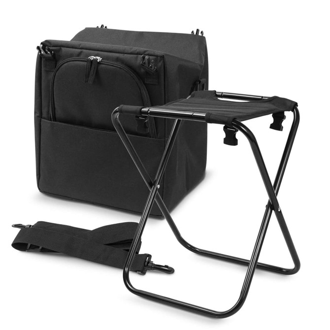 A black cooler seat with a foldable frame and a matching storage bag featuring pockets and a strap.