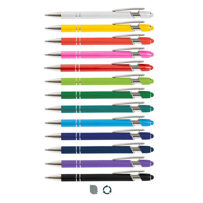 A collection of stylus pens in various colours, featuring a sleek design and chrome accents, with a logo present.