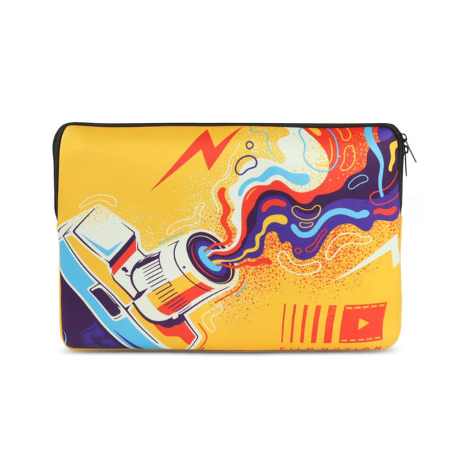 A medium laptop sleeve featuring a vibrant yellow design with multicoloured abstract graphics and a logo.