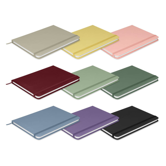 A set of notebooks in various colours, including beige, yellow, pink, burgundy, green, blue, purple, and black, with a sleek design.