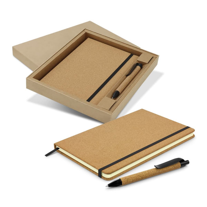 A cork notebook and pen set displayed in a brown gift box, featuring a black elastic band.
