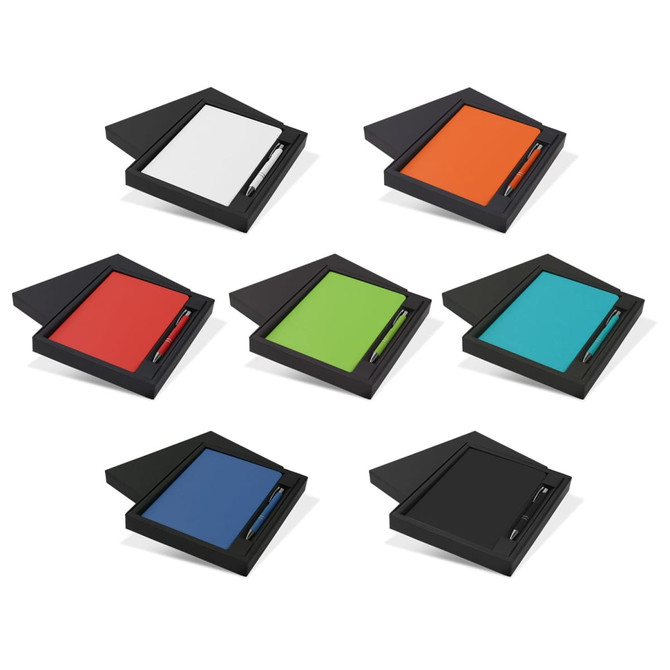 A gift set featuring notebooks in various colours—white, orange, red, green, blue, teal, and black—each with a pen.