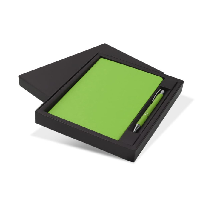 A green notebook and pen gift set in a black box. The notebook features a smooth cover with a matching pen.