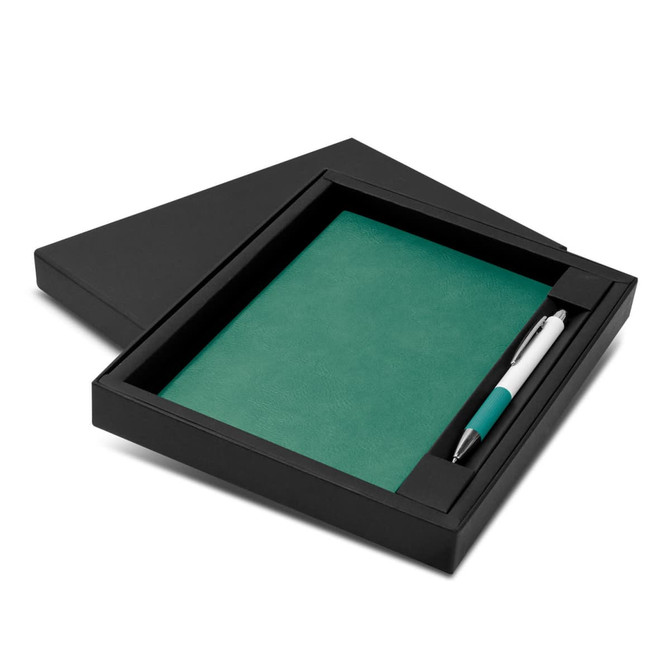 A green notebook with a matching pen, packaged in a black gift box.
