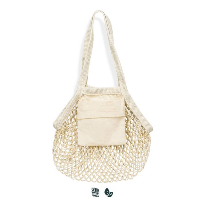 A small, cream cotton mesh tote bag with a solid pocket and straps for carrying.