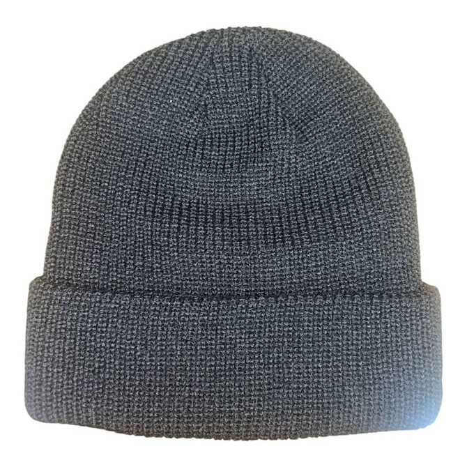 A grey knitted beanie with a 6-seam design and a folded cuff, featuring a logo.