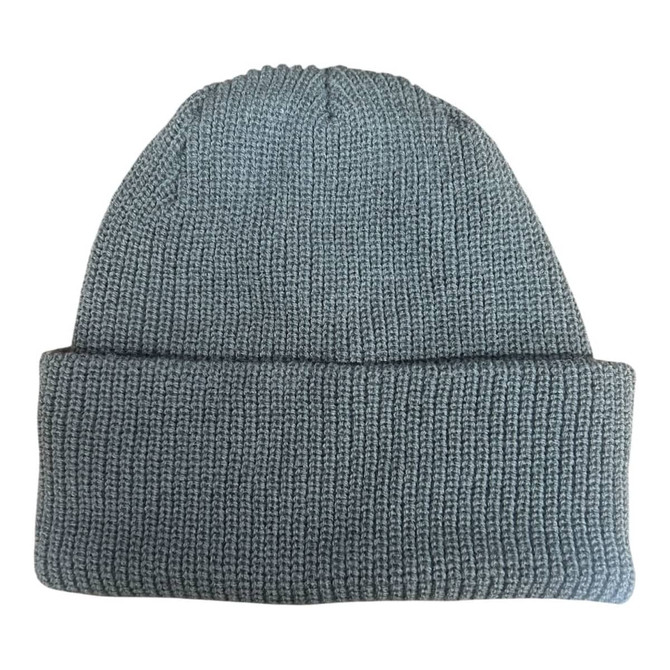 A grey 6 seam knitted beanie with a textured design and fold-over cuff, featuring a logo.