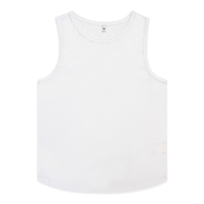 A white men's active tank top featuring a rounded neckline and a small logo on the side.