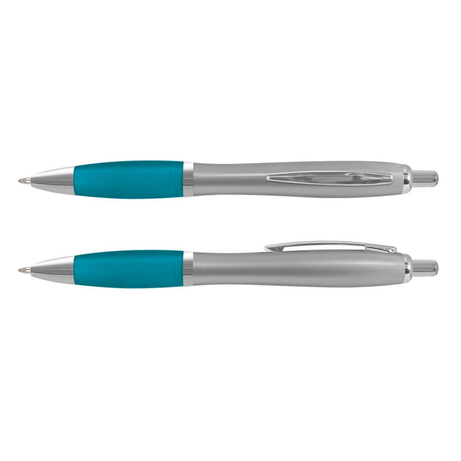 A silver barrel pen with a turquoise grip, featuring a clip and a sleek design, along with a branding logo.