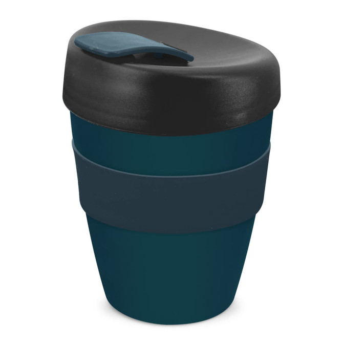 A drink bottle featuring a dark teal and black design with a secure lid and a silicone sleeve.