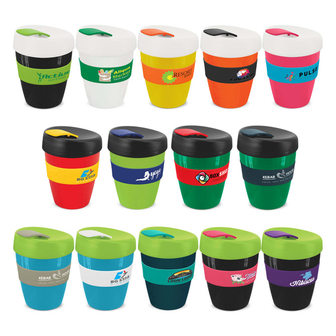 A collection of reusable coffee cups in various colours, featuring different designs and a lid with a logo.