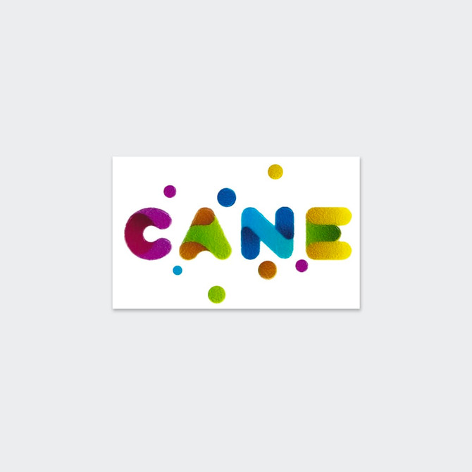 A vibrant sticker featuring the word "CANE" in bright colours, with textured, playful shapes and additional colourful dots.