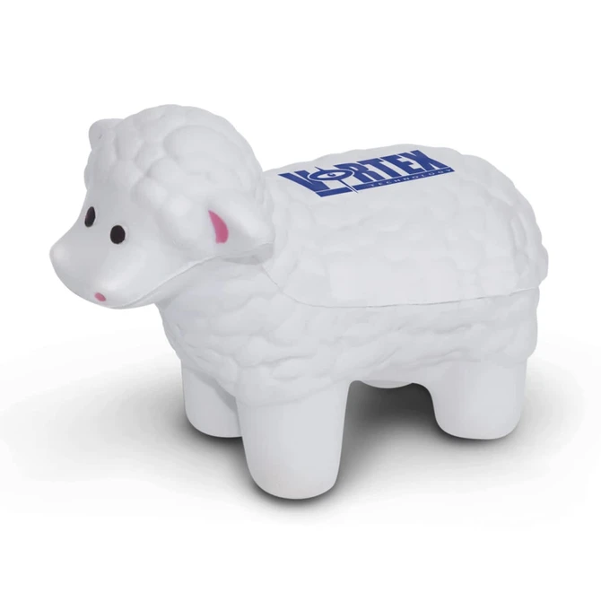 A stress relief toy shaped like a sheep, featuring a textured white body and a blue logo on its side.