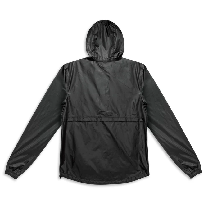 A unisex windbreaker in black with a hood and long sleeves, featuring a logo on the back.