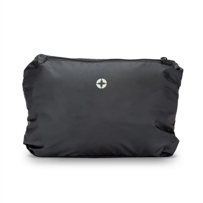 A black windbreaker with a zippered closure and a logo on the front.