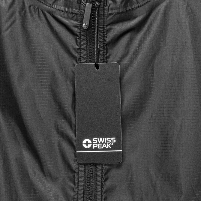 A black windbreaker with a zipper and a tag featuring a logo. The fabric appears lightweight and smooth.