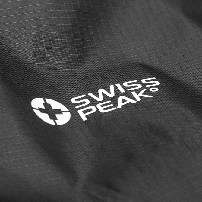A close-up of a black windbreaker featuring a logo on the front. The fabric has a subtle textured pattern.