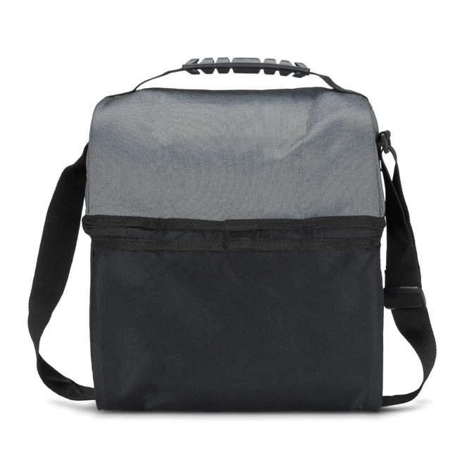 A grey and black cooler bag with a shoulder strap and a top handle, featuring a logo.