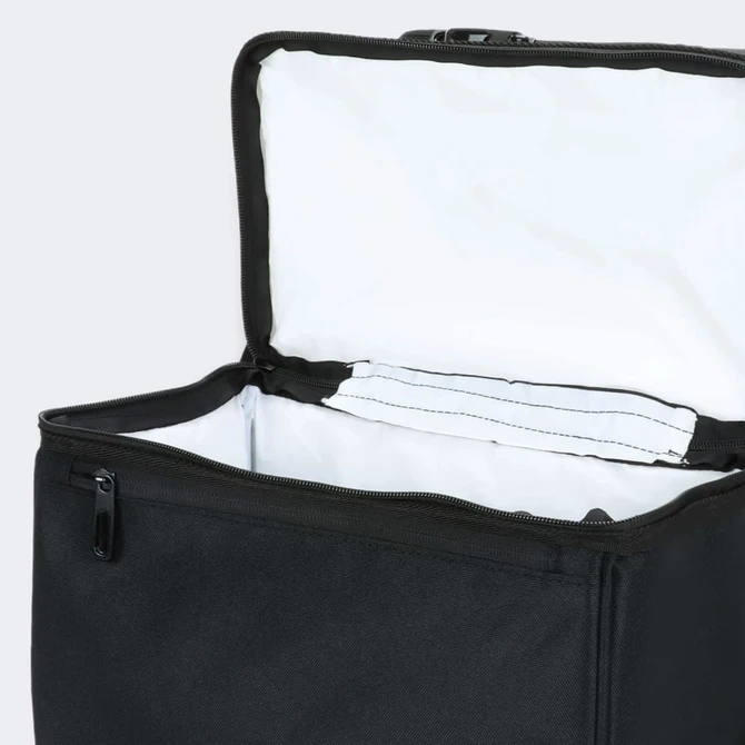 A black lunch cooler bag with a white interior and a zippered top, featuring a logo.