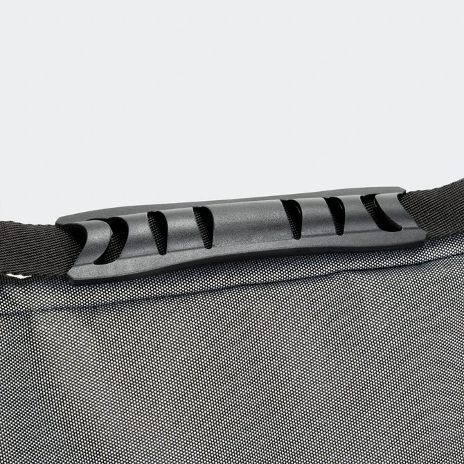A black and grey cooler bag with a sturdy handle, featuring a textured fabric surface and a logo.