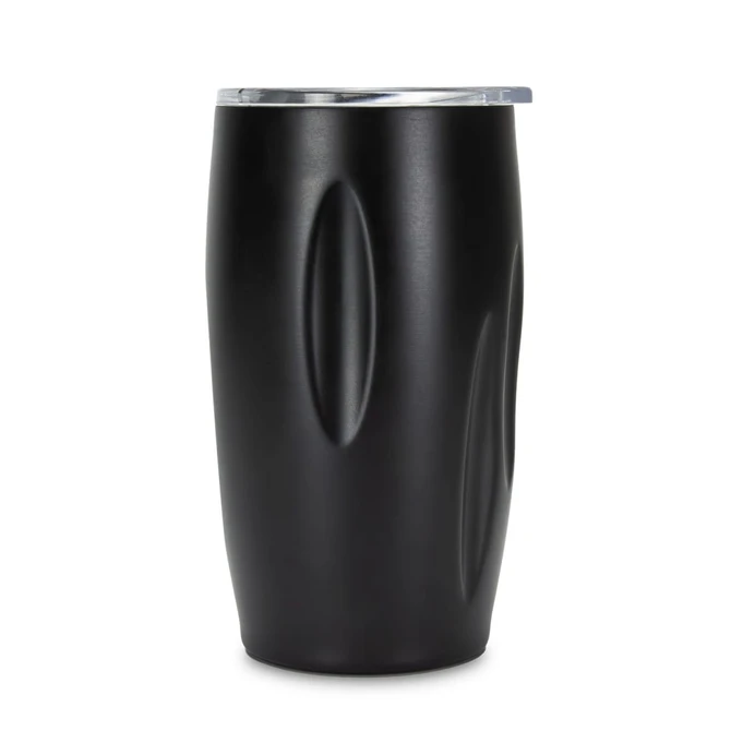 A drink bottle with a sleek black design and a silver lid, featuring an ergonomic shape. Includes branding.