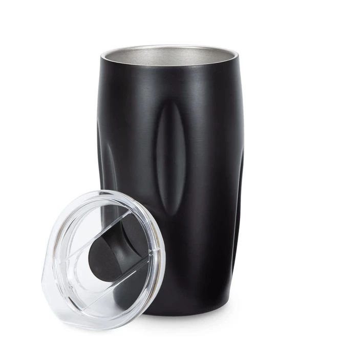 A drink bottle featuring a sleek black design with a clear lid, showcasing a modern vacuum tumbler style.