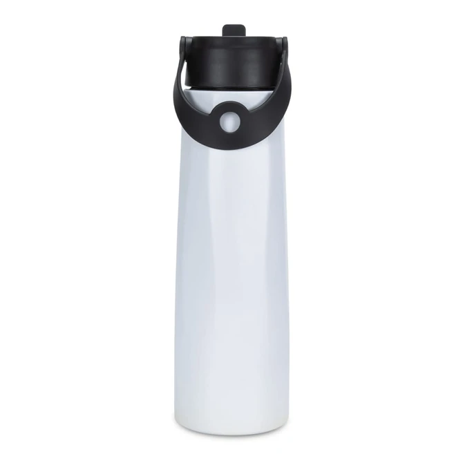 A drink bottle with a sleek white body and a black lid and handle, featuring a logo on the side.