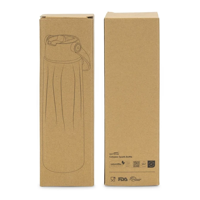 A drink bottle in a cardboard box, featuring a sleek design and a carrying handle. The bottle has a logo on it.