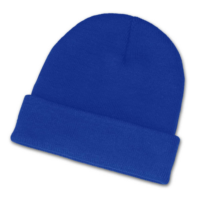 A blue beanie with a folded cuff, designed for warmth and style.