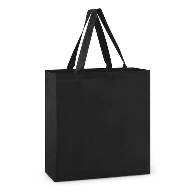 A black cotton tote bag with long handles, featuring a simple and sturdy design.